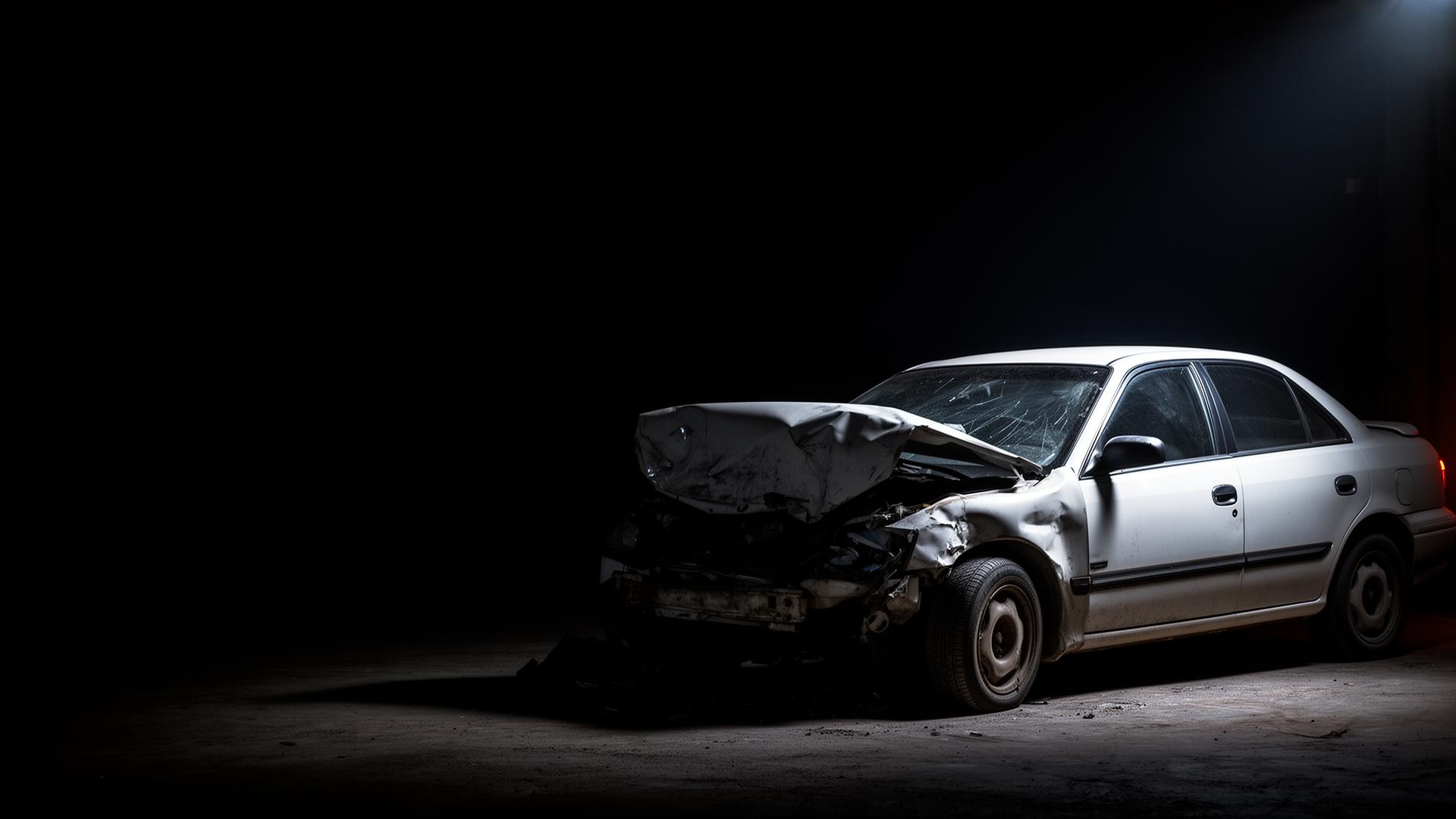 Damaged white sedan with crushed front end in a dim garage